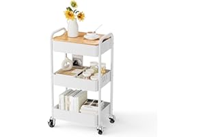 JOHGEE 3 Tier Rolling Cart with Table top, Metal Rolling Utility Cart on Wheels, Sturdy Storage Organizer Cart with Hooks for Office, Classroom, Kitchen and Bathroom (White)