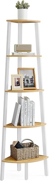 VASAGLE 5-Tier Corner Shelf Unit Natural Oak White LLS35Y01
