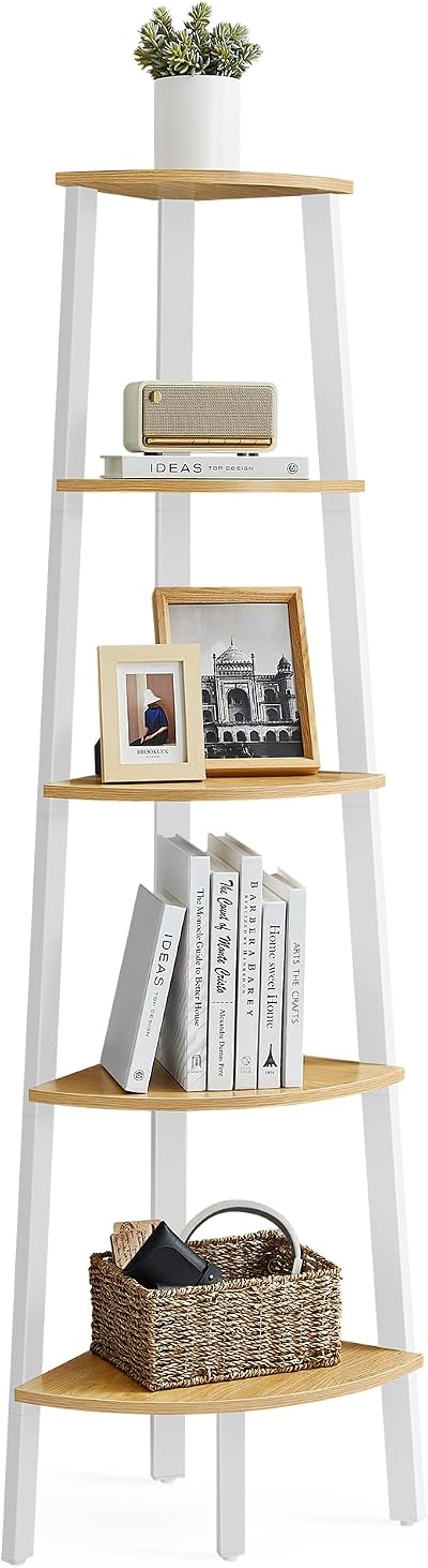 VASAGLE 5-Tier Corner Shelf Unit Natural Oak White LLS35Y01