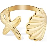 Mikovivi Starfish Seashell Ring, Gold Starfish Ring Stainless Steel Shell Ring Adjustable Artistic Starfish Jewelry for Summer Beach Women Daily Gift