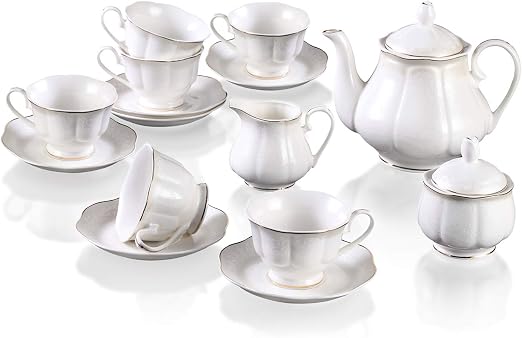 Amazon Com Guangyang 15 Pieces White China Teaset Embossed Flower Design Porcelain Coffee Service Set Pumpkin Teapot Set With 6 Cups 6 Saucers 1 Sugar Bowl 1 Milk Creamer Kitchen Dining