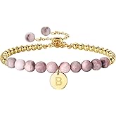 Ritach Initial Bracelets for Girls Kids - Pink Zebra Natural Stone Bracelet Real Gold Plated Beaded Bracelets Adjustable Disc Initial Bracelets for Girls Kids Teen Girl Gifts