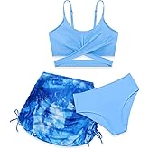 Weixinbuy Girl's Swimsuit 3 Piece Bathing Suit Criss Cross Spaghetti Strap Bikini Sets with Cover Up Skirt Beach Swimwear