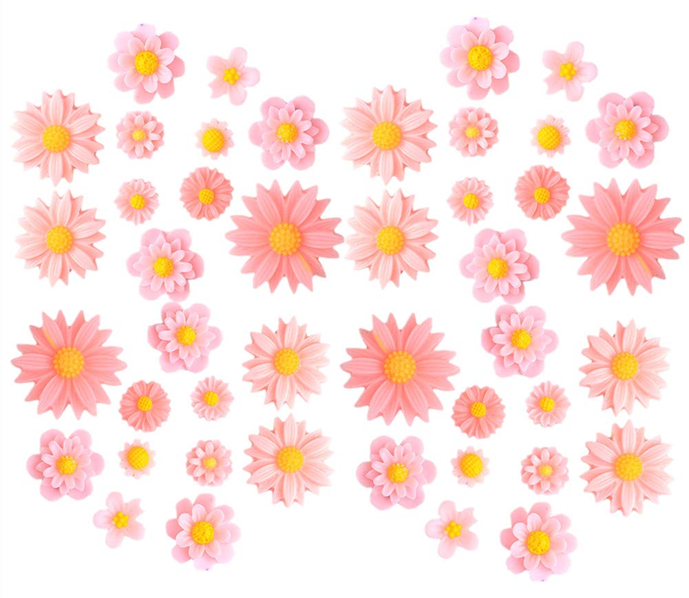 44 Pack Flower Resin Charms Daisy Peony Plastic Flatback Loose Beads for Jewellery Making Scrapbooking Phone Case Decor Hair Accessories Fairy Garden Decor (Pink)