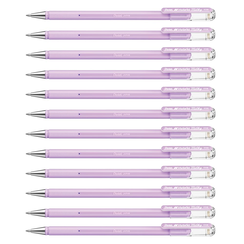 Pentel K108 Hybrid Milky Gel Rollerball Pen, 0.8mm Tip, Vivid on Light and Dark Paper, Pastel Violet (Pack of 12)