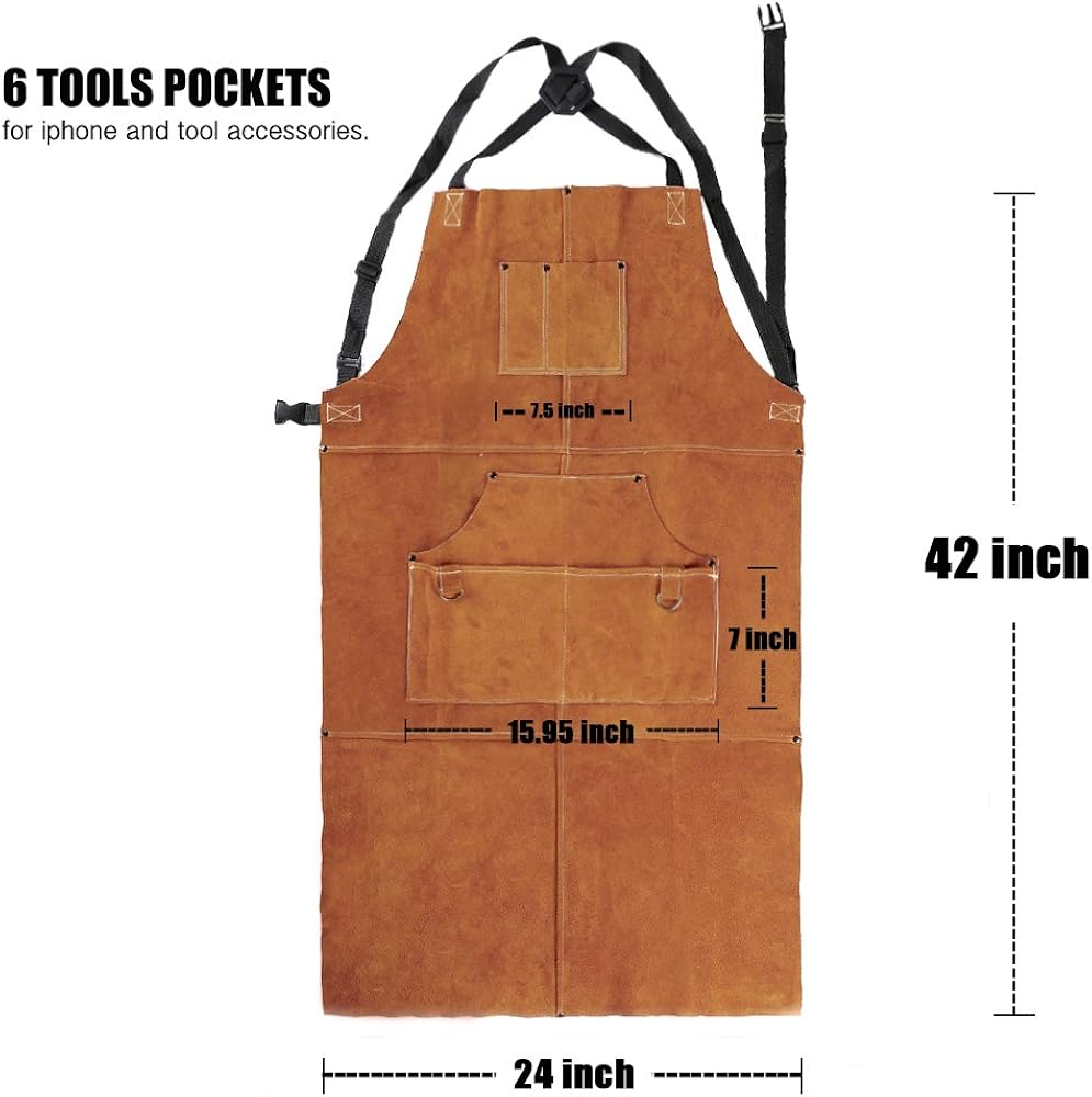 Leather Welding Apron by LeaSeek - Heavy Duty Tools Shop Apron with 6 Pockets, 24inch X 42inch Extra Long, Brown(Size: M to XXL) - Image 4