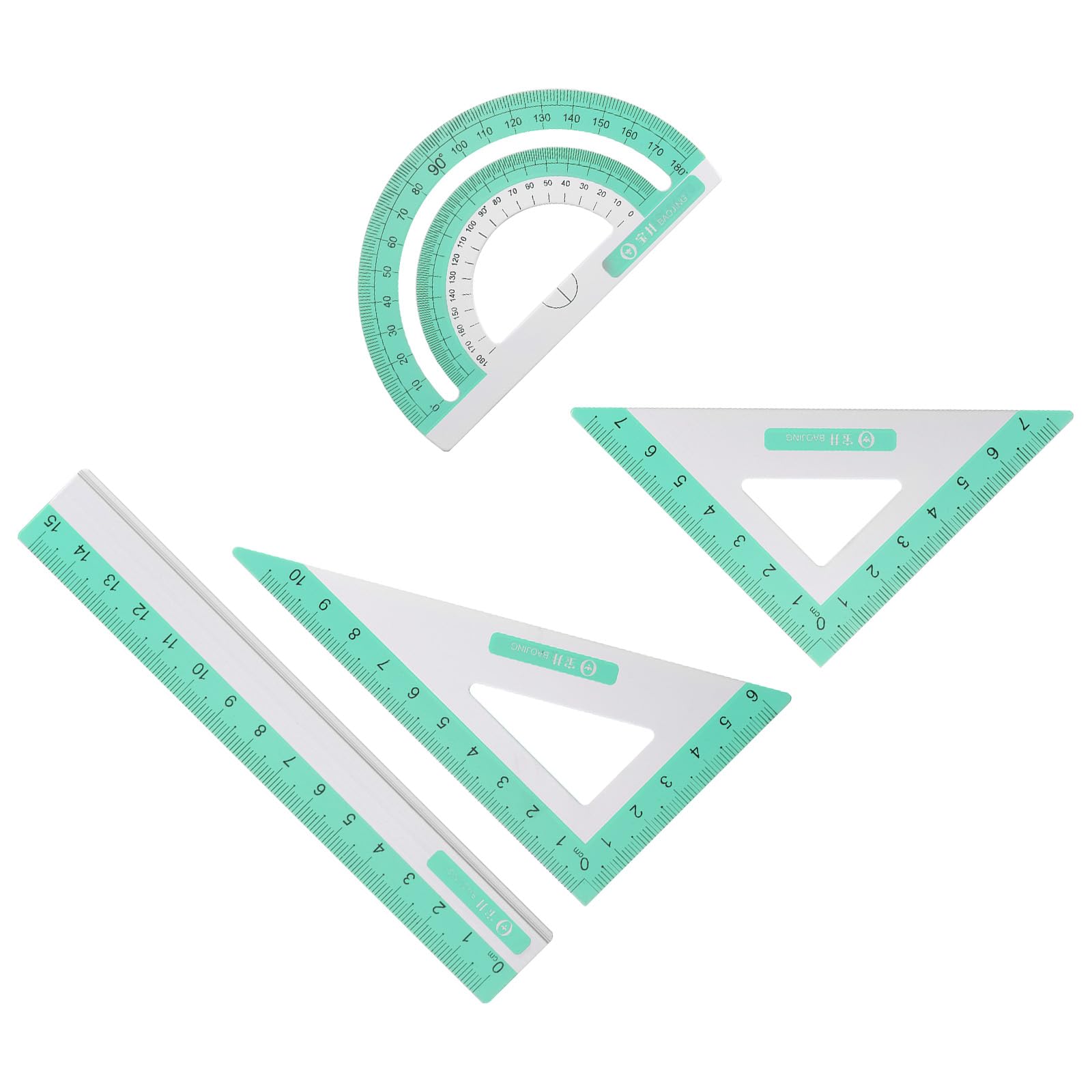 Kozelo 4pcs Geometry Set - [15cm Ruler] Aluminum Alloy Precise Measurement Laser Engraving Math Set Light Green for Office Use, 180 Degree Protractor 7cm Triangle 10cm Triangle