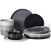 Famiware Nebula Ridge Stoneware Dinnerware Sets, Plates and Bowls Sets for 4, 12 Pieces Dishes Set, Microwave and Dishwasher Safe Kitchen Plates, Multi-color
