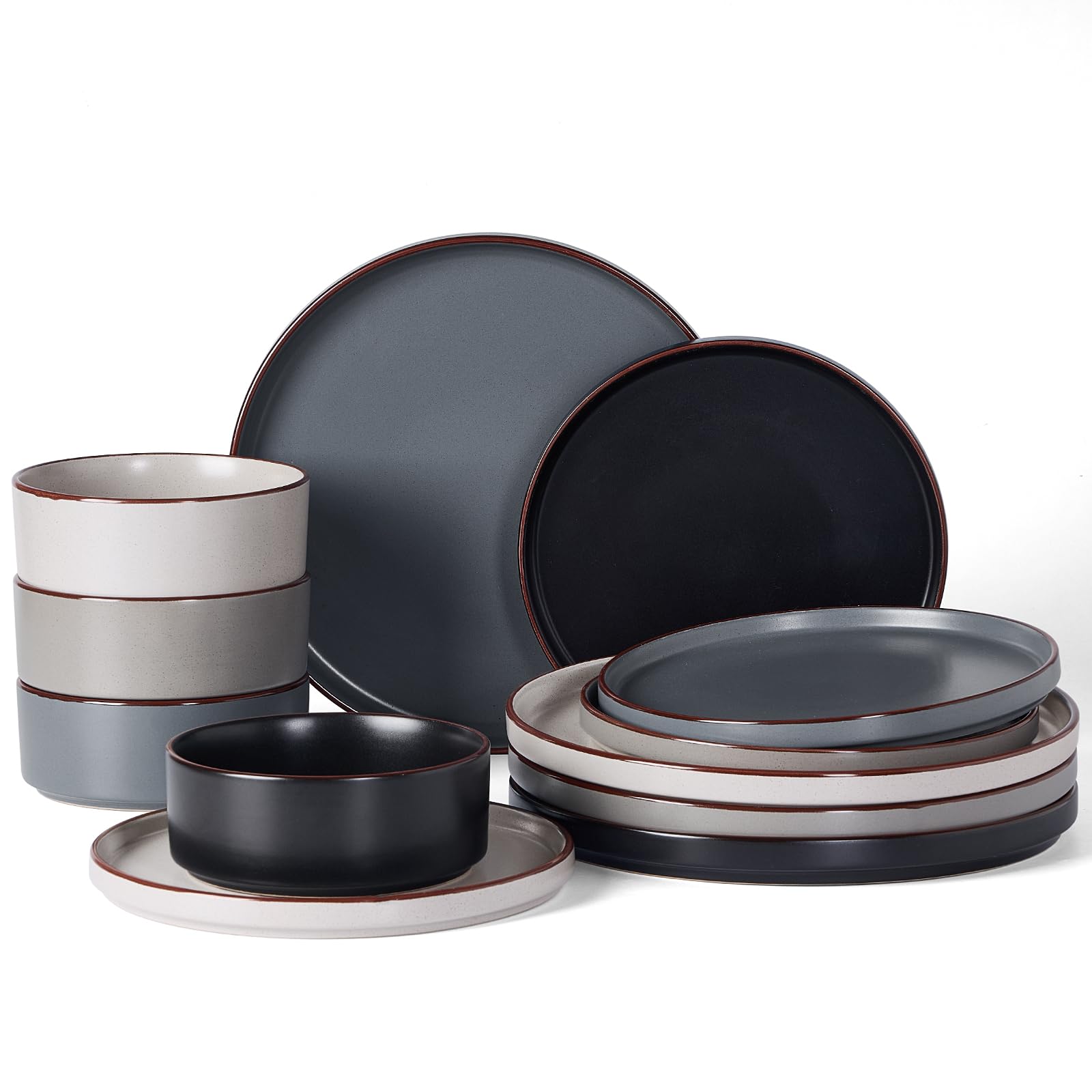Photo 1 of ***MISSING BLACK PLATE SET***Famiware Nebula Ridge Stoneware Dinnerware Sets, Plates and Bowls Sets for 4, 12 Pieces Dishes Set, Microwave and Dishwasher Safe Kitchen Plates, Multi-color