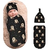 Cute Adorable Baby Otter Newborns Beanie Swaddle Blanket Set Baby Receiving Blankets for 0-6m Infant Boy Girl Swaddle Blankets Wrap Soft Sleeping Sack
