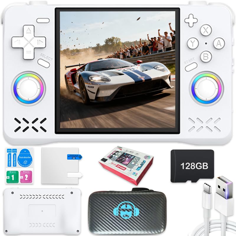 New XF40H Handheld Game Console,Built-in 128G with 22000 games,4000mAh,Linux System,4-inch IPS Screen WIth Storage bag (White,128G)