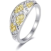 HUKKUN Sunflower Filigree Ring Sterling Silver Sunflower Ring Botanical Jewelry Gifts for Women