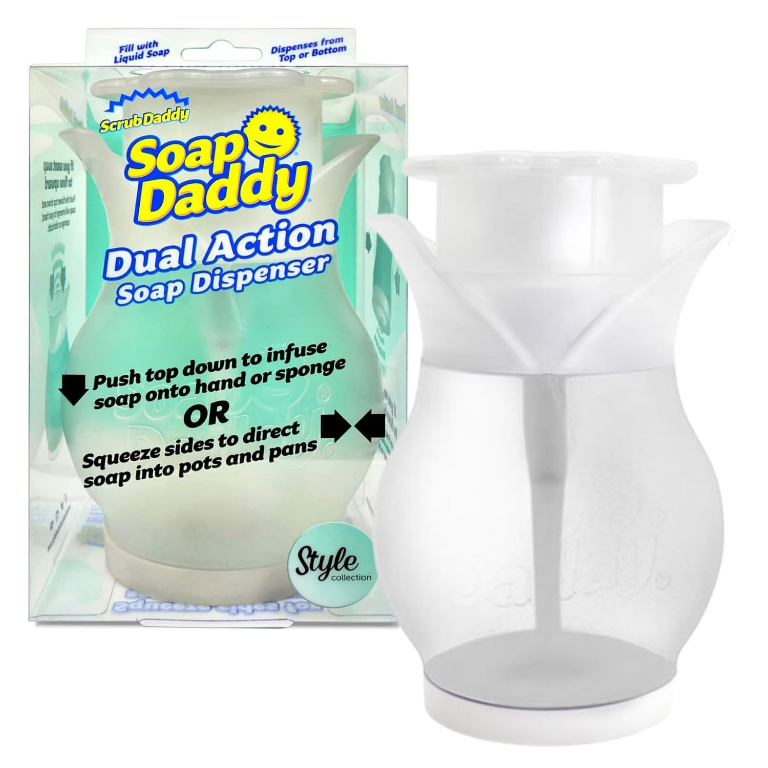 Scrub Daddy Soap Dispenser for Kitchen and Bathroom - Soap Daddy - Refillable Soap Dispenser for Countertop, Dual Action with Easy Grip Sides, Multi-use, 1 ct