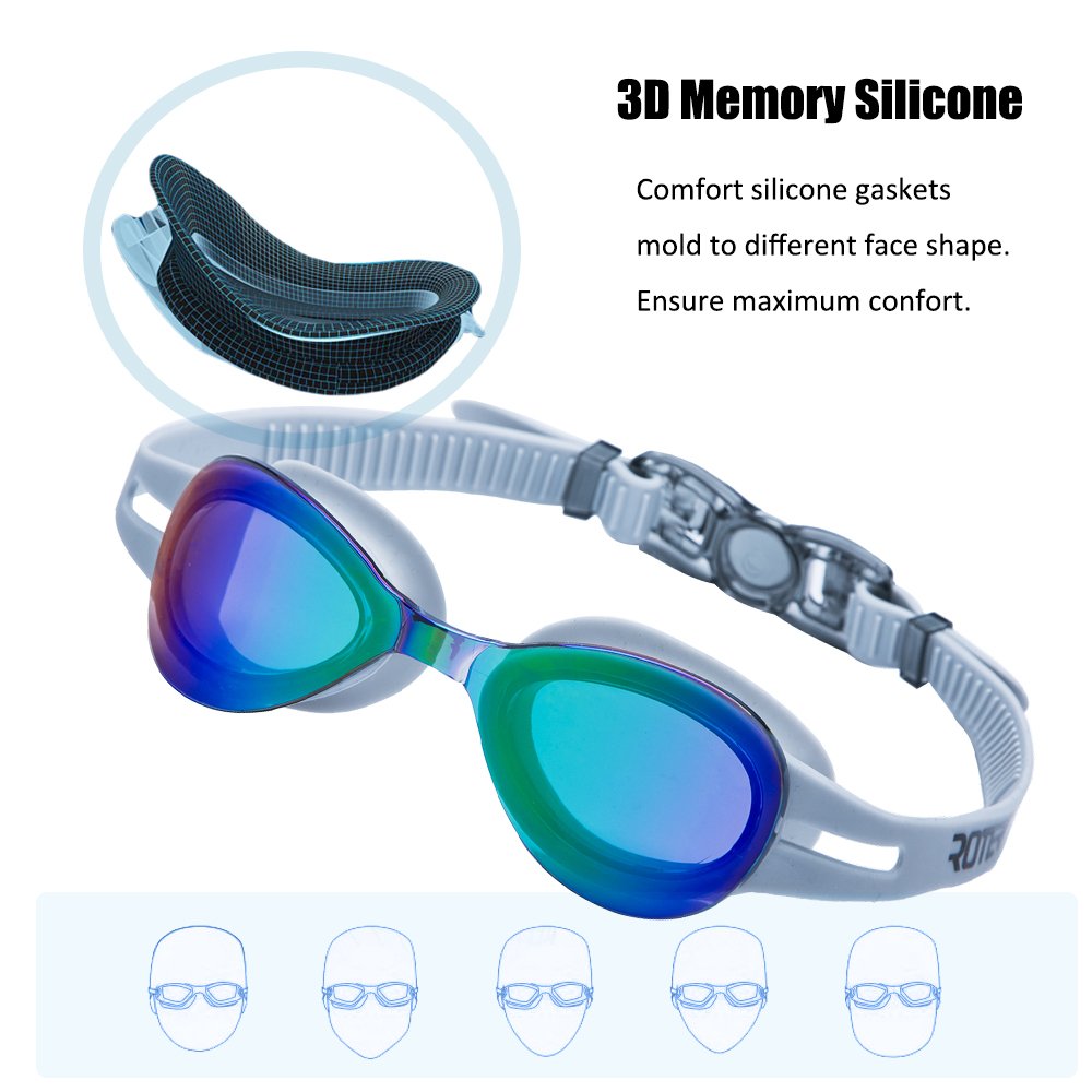 ROTERDON Swim Goggles, Anti Fog UV Protection No Leaking Swimming Goggles for Men Women Adult Youth Kids (Grey 700)