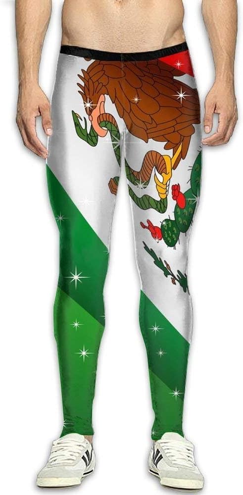 Men's Compression Leggings Basic Workout Mexican Flag Pants Baselayer Running Tights 3D Print High Waist Sports Legging