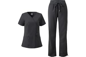 COZYFIT Scrubs for Women - Mock Wrap Top & Straight Leg Pants with 6 Pockets, Back Princess Seams, Soft Fabric