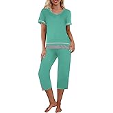 Ekouaer Capri Pajama Sets for Women Short Sleeve Tops Sleepwear Sleep Sets Pjs Sets Soft Two Piece Loungewear Sets
