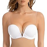 Amafuur Women's Deep V Plunge Padded Push Up Bras with Clear Straps Backless Convertible Low Cut Underwire Bra White 36A
