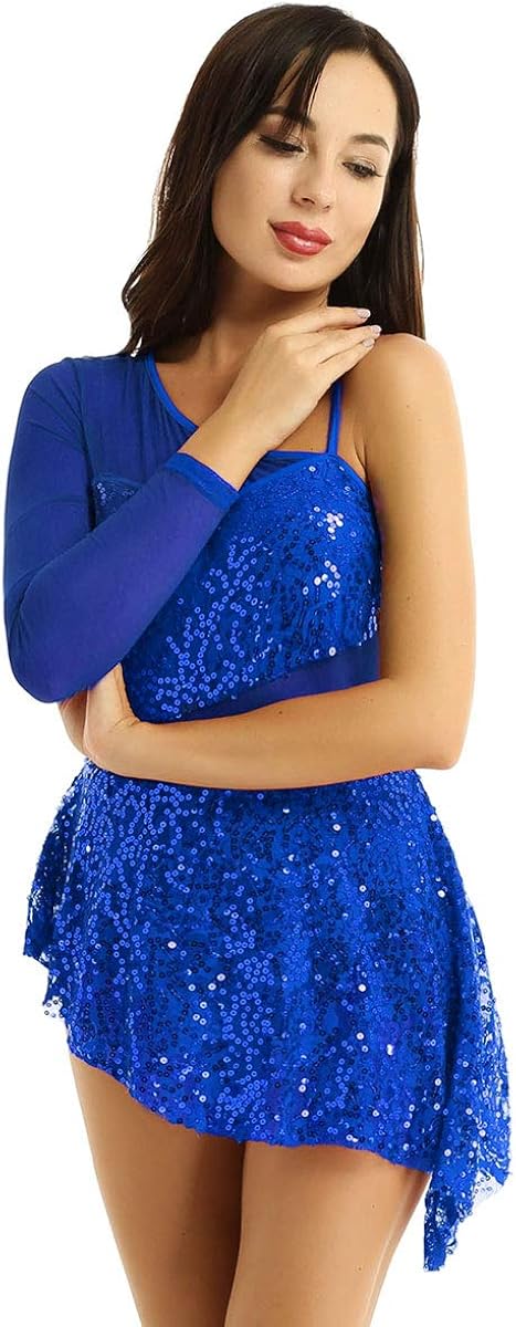 TiaoBug Women's Figure Ice Skating Dress Single Long Sleeve Shiny Sequin Asymmetric Ballet Dance: Clothing