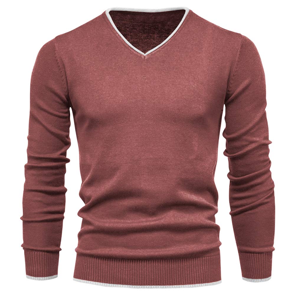 Photo 1 of Esobo Men's Fall Casual V Neck Long Sleeve Slim Fit Pullover Knit Sweater (Brick red,Medium)