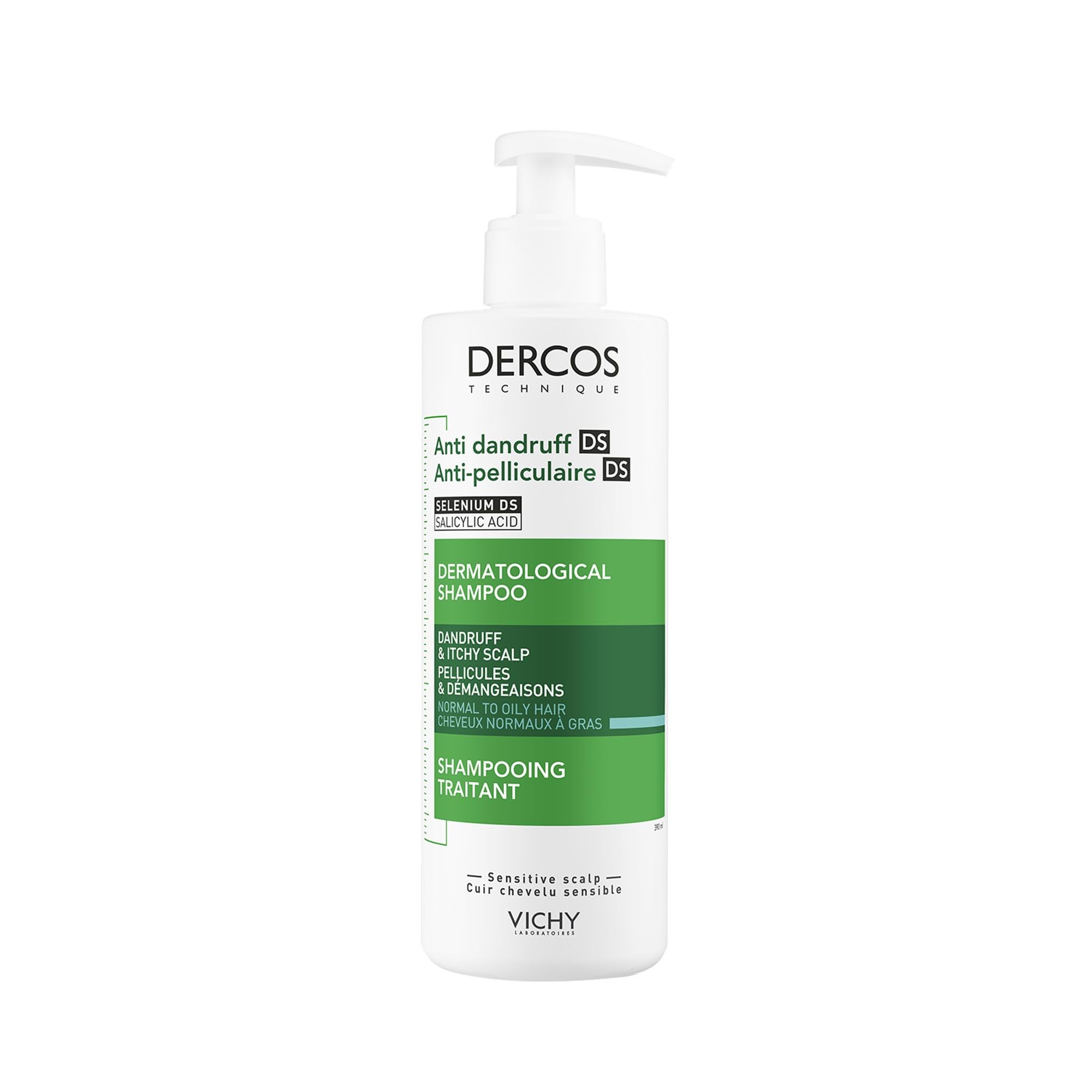 Vichy Dercos Technique Anti-Dandruff Purifying Shampoo, With 1% Salicylic Acid & Selenium Disulfide, For Sensitive Oily Hair & Scalp, Removes Visible Flakes, 390ml