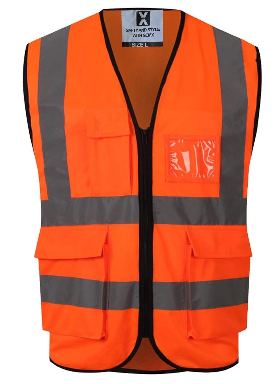 Gemx Hi Vis Vests Zipper Front for Safety & Emergencies-High Vis Vests Workwear Executive Security Waistcoat with Phone & ID Holder Pockets-Reflective High Vis Jackets for Outdoor Works (4XL,Orange)