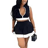 Cigrimi Tennis Outfit Skirt Sets Women 2 Piece Outfits Zipper V Neck Crop Tops and Pleated Skirt Set Summer Tracksuits