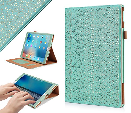 iPad Pro 12.9 Case, WWW[Luxury Laser Flower] Premium PU Leather Case Protective Cover with Auto Wake/Sleep Feature for Apple iPad Pro 12.9-inch Mint Green