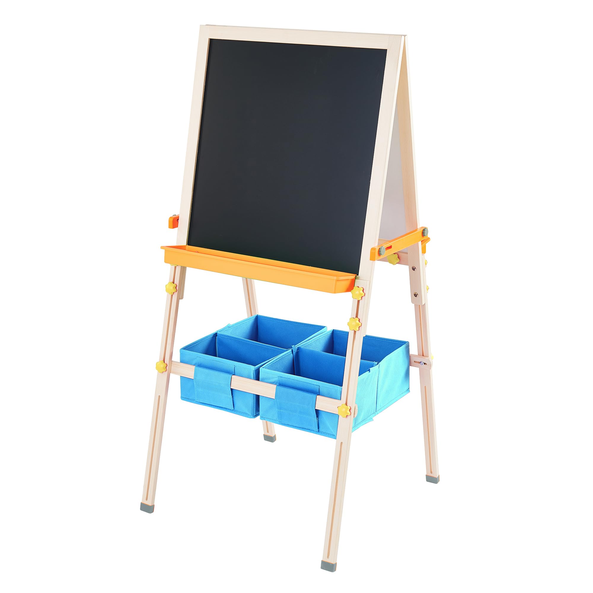 Teamson Kids Little Artist Vangogh Two-Sided Adjustable Wooden Easel with Storage Basket, Chalkboard, Whiteboard, Paper Roll and Accessories, Natural Wood