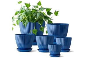 RooTrimmer 7.5/6.5/5.5/4.9/4.2/3.5 Inch Plant Pots with Saucers & Drain Holes - Indoor/Outdoor Flower Pots for Succulents, Herbs, Cactus - Modern Lightweight Durable Planter Set, Blue