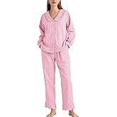 COZYPOIN Womens Gingham Pajama Sets Scalloped Collar Cotton Plaid Button Down Long Sleeve Shirt and Pants Y2K Lounge Set