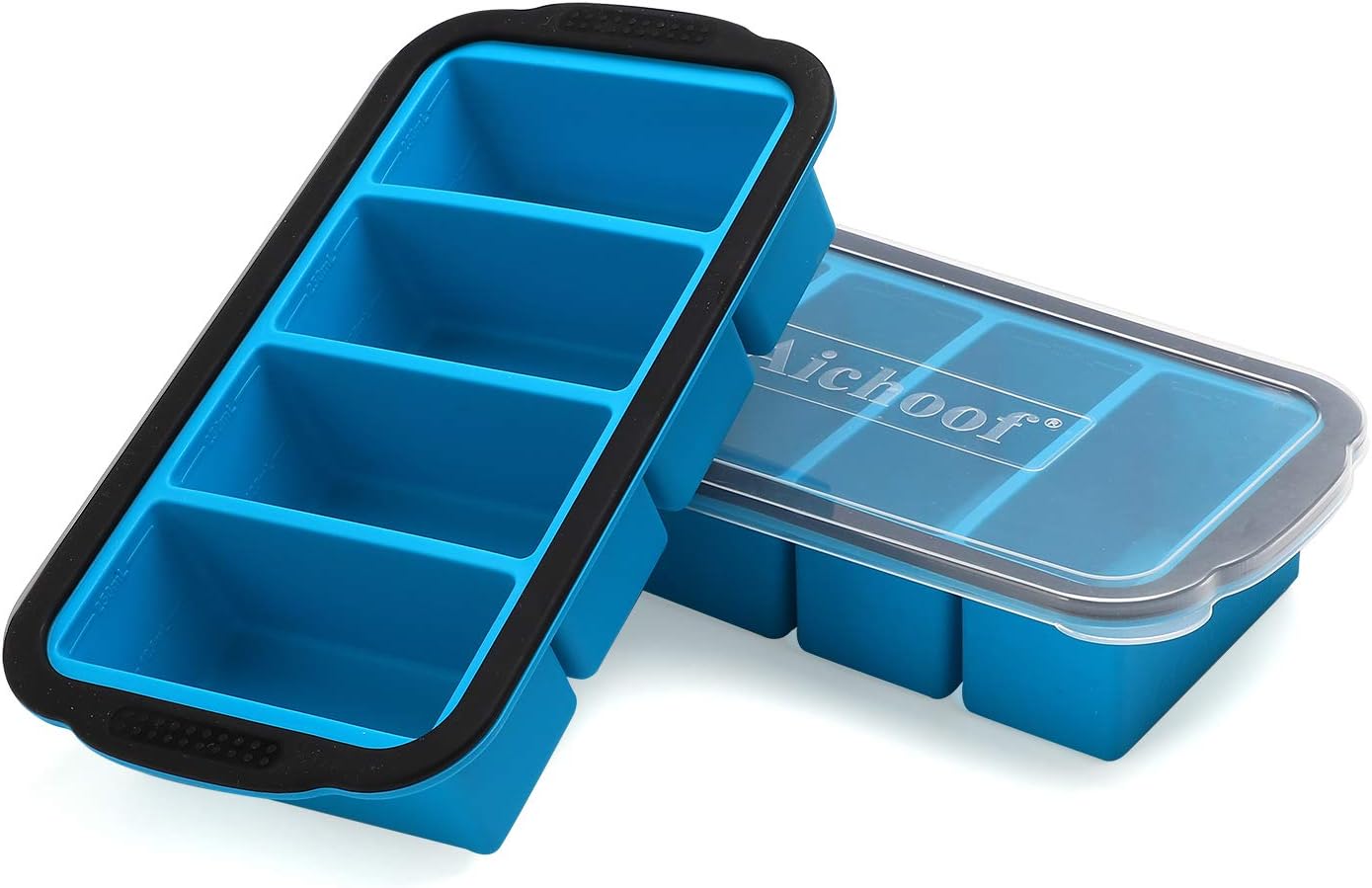 1-Cup Extra Large Freezing Tray for soup,broth,sauce or butter ,Ice Cube Trays with lid, Silicone Freezer Container Molds Soup Trays -makes four great portions 1cup Cube-2 pack(Blue)