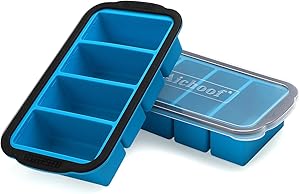 1-Cup Extra Large Freezing Tray for soup,broth,sauce or butter ,Ice Cube Trays with lid, Silicone Freezer Container Molds Soup Trays -makes four great portions 1cup Cube-2 pack(Blue)