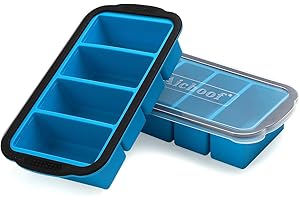 AICHOOF 1 Cup Extra Large Silicone Cube Freezing Trays with lid for soup,broth,sauce or butter, Silicone Freezer Container Molds Soup Trays -makes four great portions 1cup Cube(2 PACK, Blue)