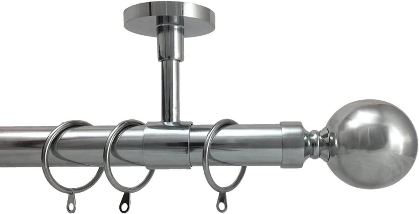 28mm Diameter Ceiling Fit Extendable Eyelet Metal Curtain Pole Metal Ball Finials Polished Chrome, Antique Brass & Brushed Chrome (2m - 3m extendable, Polished Chrome)