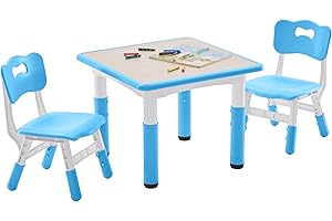 CuFun Kids Table and 2 Chairs Set, Height Adjustable Toddler Table and Chair Set for Age 3-8, 23.6''Lx23.6''W Graffiti Desktop, Non-Slip Legs, Kids Play Table for Daycare, Classroom, Home