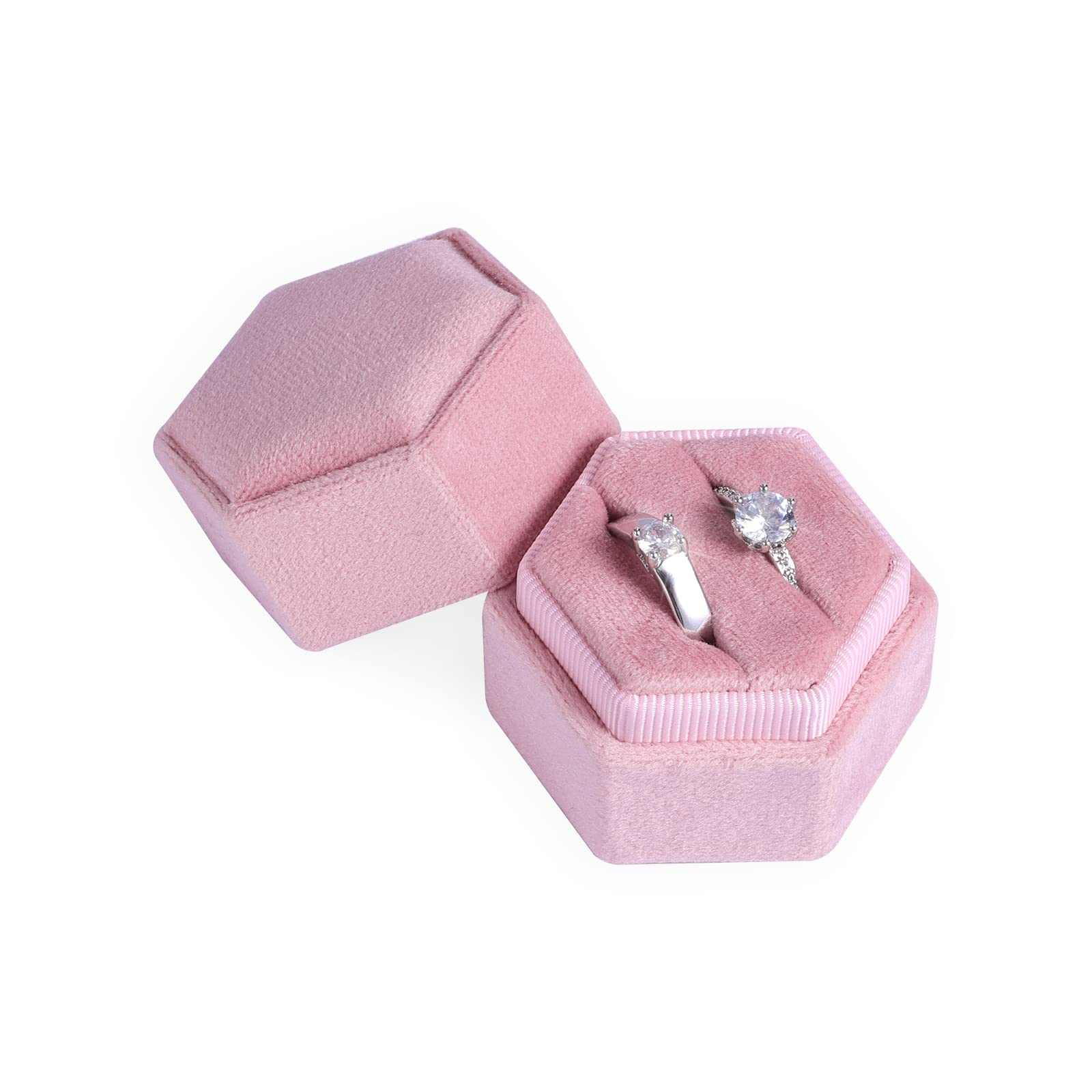 AIEX Velvet Ring Box for Jewellery, Double Hexagonal Slots, Ring Box for Engagement, Ceremony, Wedding, Valentine's Day, Holding 2 Rings (Pink)