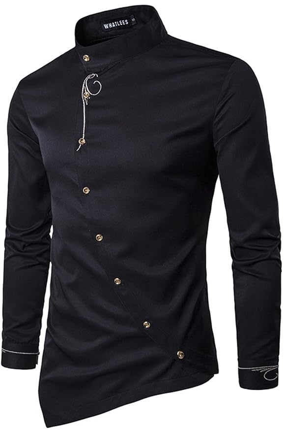 （ワトリズ）Whatlees メンズ 長袖シャツ ブラック 斜めボタン 欧米風 カジュアル シャツB404-Black-XL