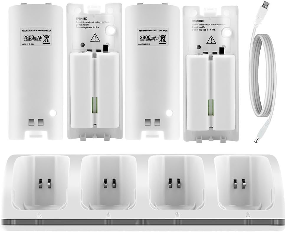 Wii Charger Station C9 Wii Remote Charger with 4PCS Wii batteries and LED Light for Wii/ Wii U Remote Control-White