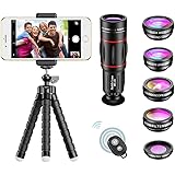 APEXEL Phone Camera Lens with 18x Telephoto Lens+Fisheye,Macro/Wide Angle Lens+Star,Kaleidoscope Filter+Tripod and Shutter 8 