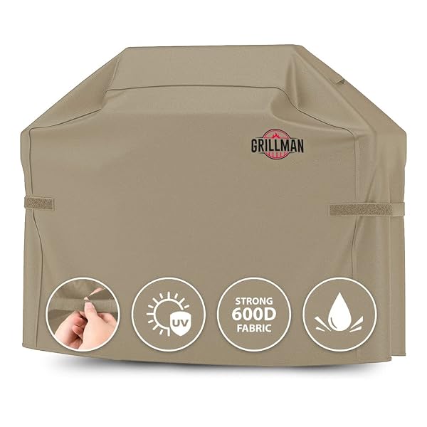 GRILLMAN GRILL COVER, BBQ OUTDOOR GRILL COVERS, CHARCOAL, GAS GRILLS, WATERPROOF, RIP-PROOF, WEATHER-RESISTANT, ANTI-UV, BARBECUE COVER FOR WEBER, GENESIS, CHARBROIL, NEXGRILL, ETC (TAN, 60 INCH)