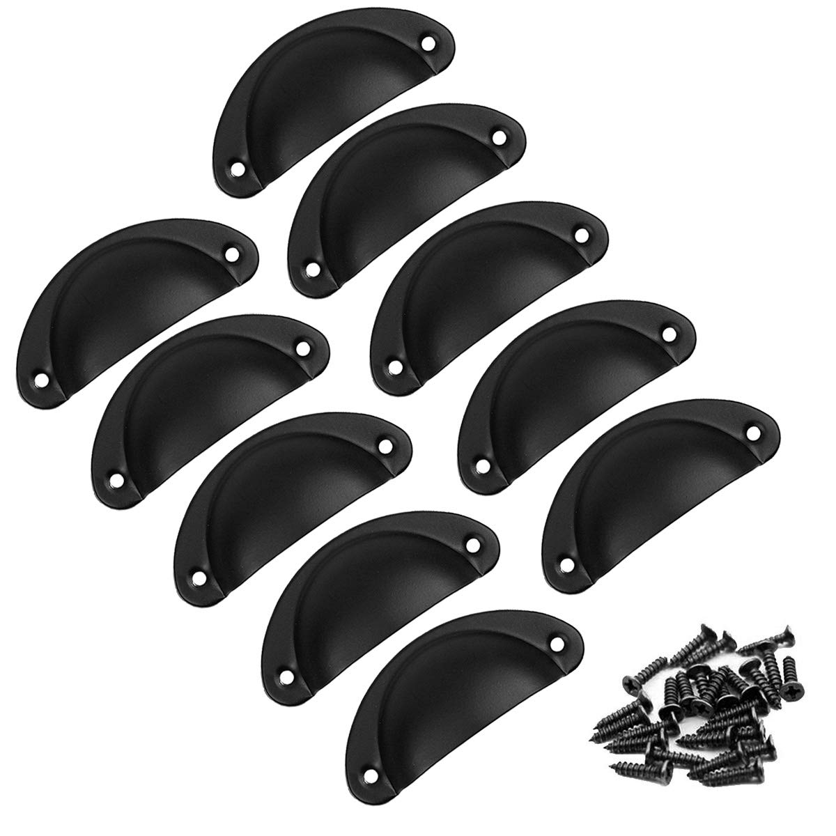 HQdeal 10 Pack Shell Cup Pull Handles Black Iron Half Moon Vintage Kitchen Cabinet Drawer Door Closet Cupboard Handles Furniture Knobs with Screws, 8.2cmx3.5cm