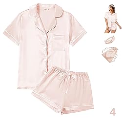 4Pcs Womens Satin Silky Pajama Sets Short Sleeve