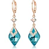 Trendy Austrian Crystal Rhombus Drop Huggie Dangle Earrings for Women 14k Rose Gold Plated Hypoallergenic Jewelry Gifts