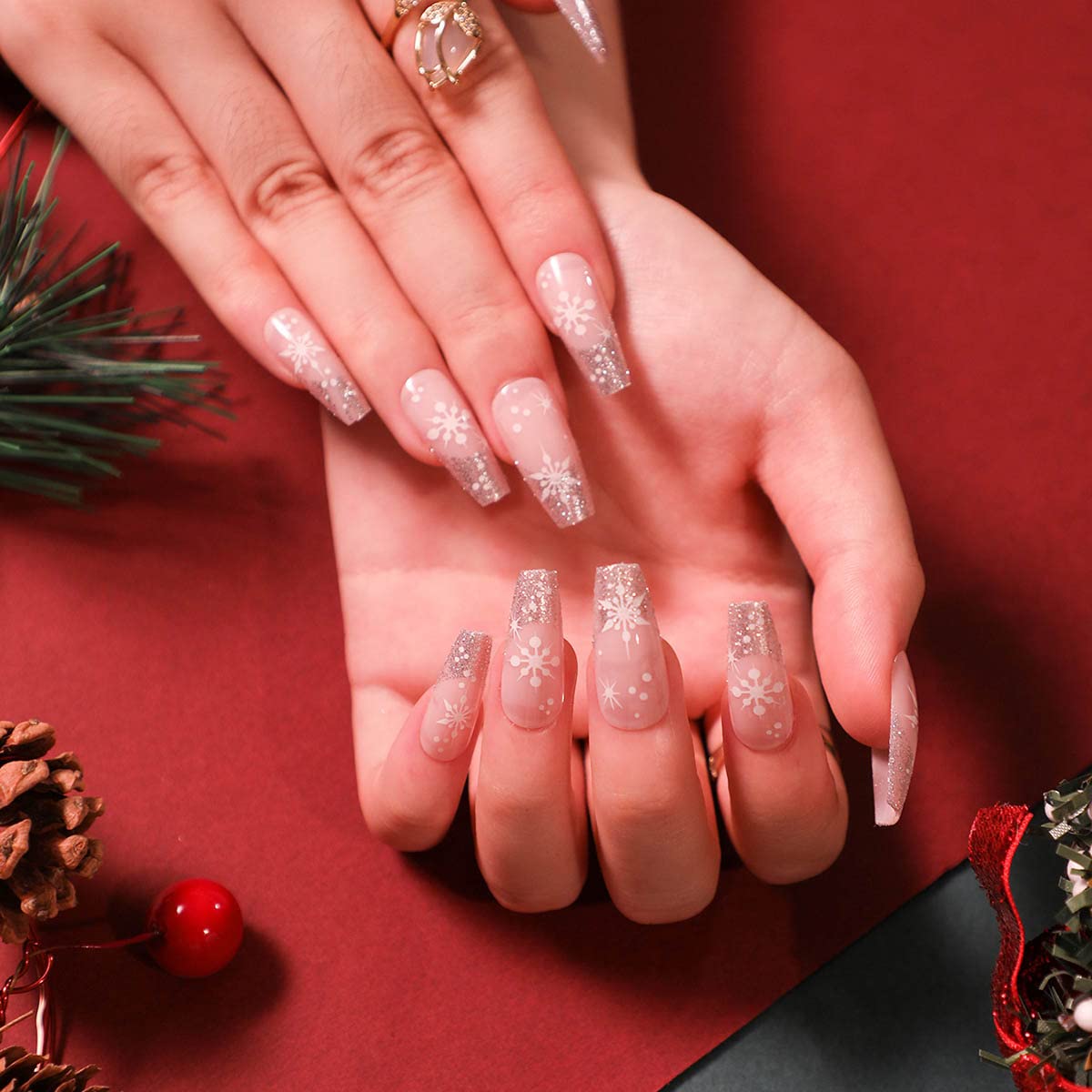 Carufin 24Pcs Snow Christmas Tree Checker Pink Line French Acrylic Press on Nails Ballet False Nails for Women Girls (D)
