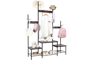 PABRONI Parent-Child Hall Tree Entryway Bench with Coat Rack Sturdy Shoe Rack Storage, 3-in-1 Functional Hall Tree Industrial Rustic Wood Metal Furniture for Entrance (1+2 Rustic Brown + Black)