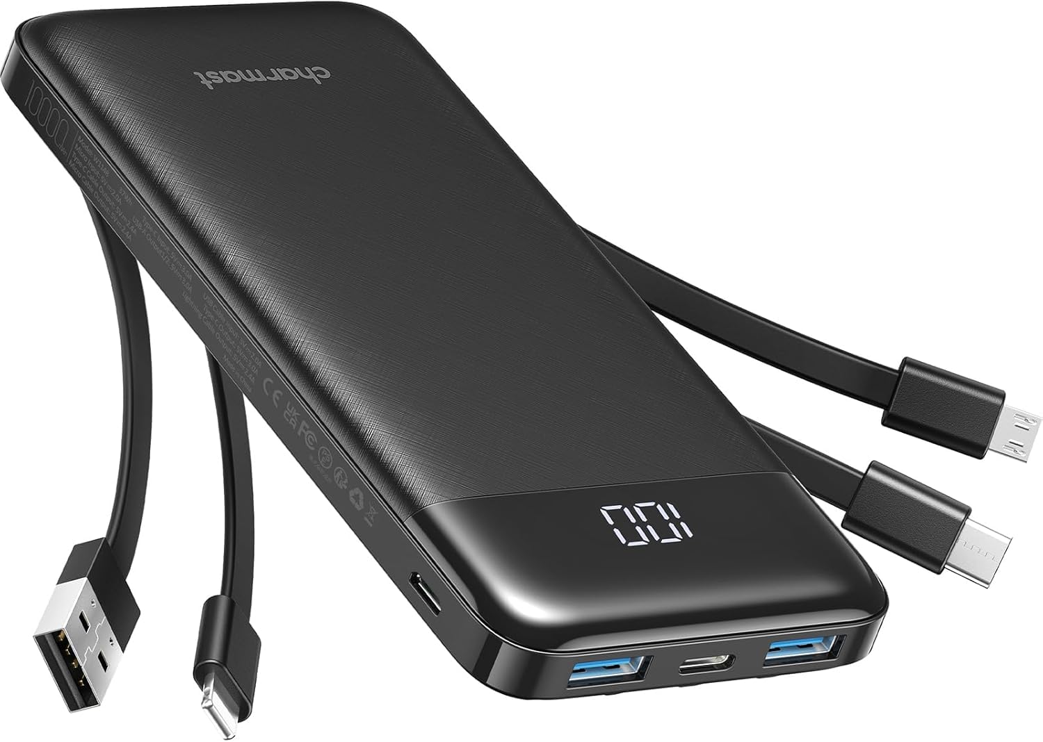 charmast Power Bank with Built in Cables X 4, 10000mAh USB C Battery pack 6 Outputs 3 Inputs with LED Display Type C Powerbank Portable Charger Compatible with Smartphones Tablets and More
