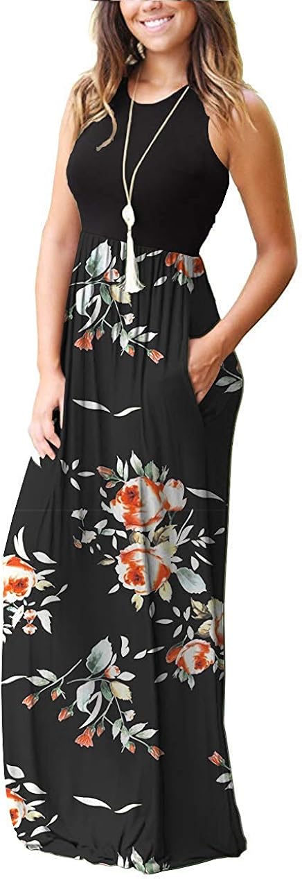 AUSELILY Women's Summer Sleeveless Loose Plain Maxi Dress Casual Long Dress with Pockets at  Women’s Clothing store