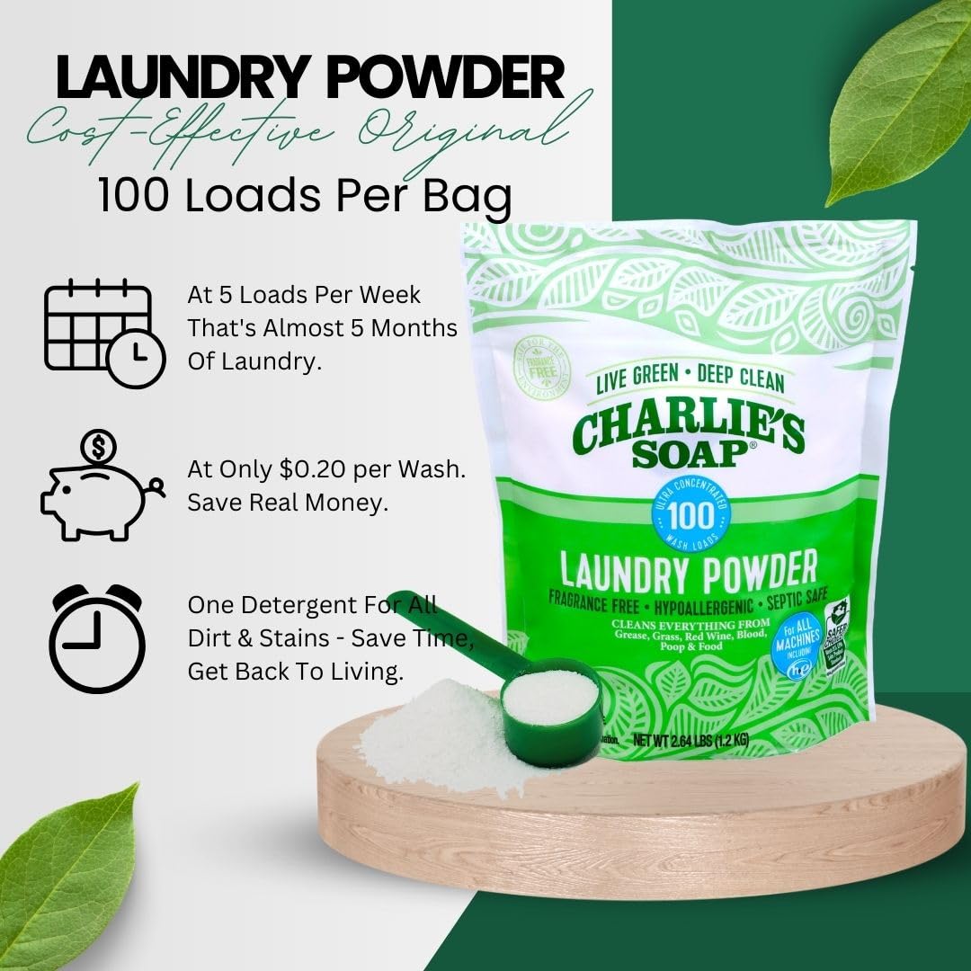 Charlie’s Soap Laundry Powder (100 Loads, 1 Pack) Fragrance Free Hypoallergenic Plant Based Deep Cleaning Laundry Powder – Biodegradable Eco Friendly Sustainable Laundry Detergent