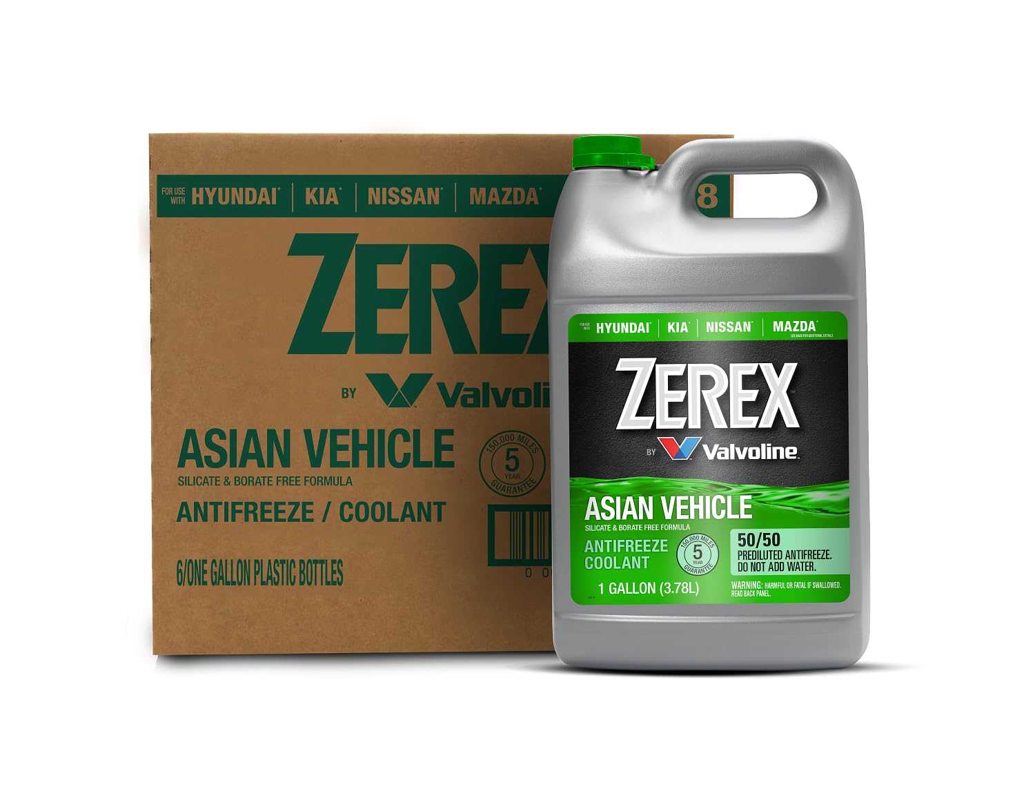 Zerex Asian Vehicle Green Silicate and Borate Free 50/50 Ready-to-Use Antifreeze/Coolant 1 GA, Case of 6